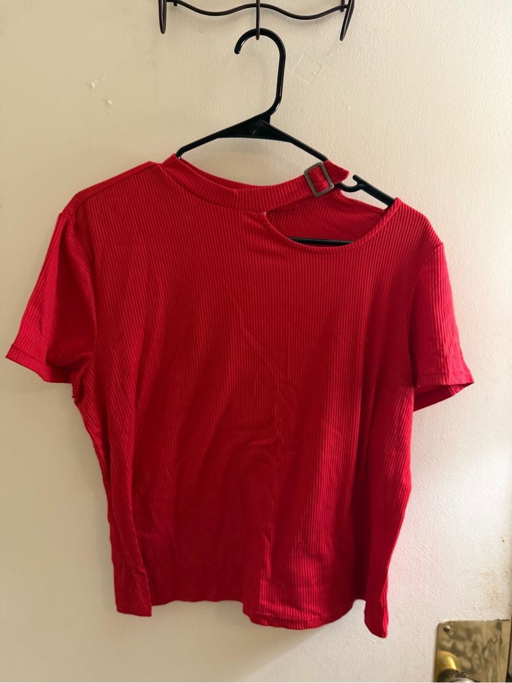 Red Ribbed Buckle-Neck Crop Top